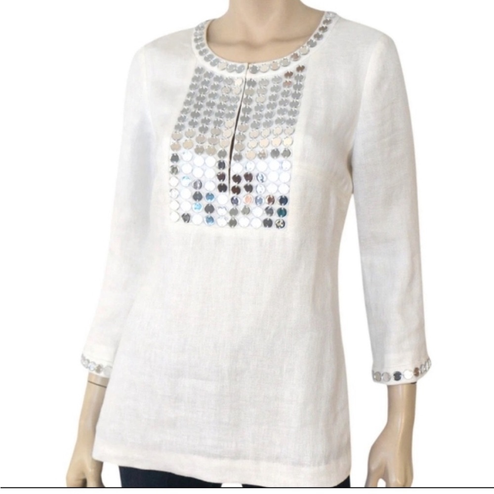 Tory Burch Mirror Embellished White Boho Tunic Top - SIZE 12